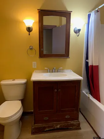 a bathroom with a sink vanity and toilet