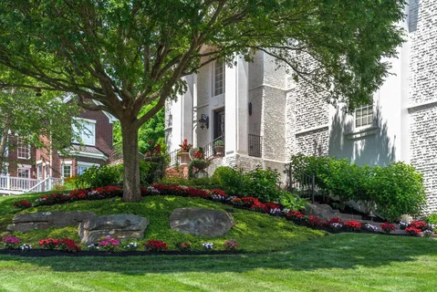 a front view of a house with garden and trees
