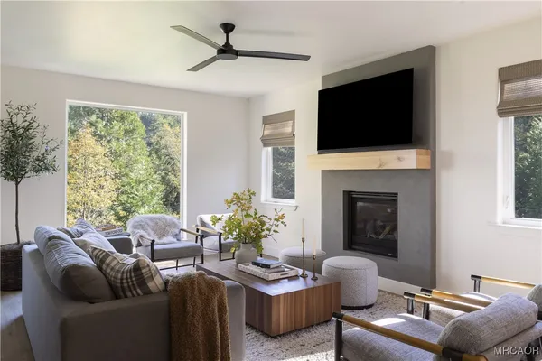 a living room with furniture a flat screen tv and a fireplace