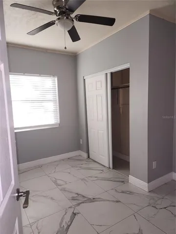 a view of a yard with plants and trees