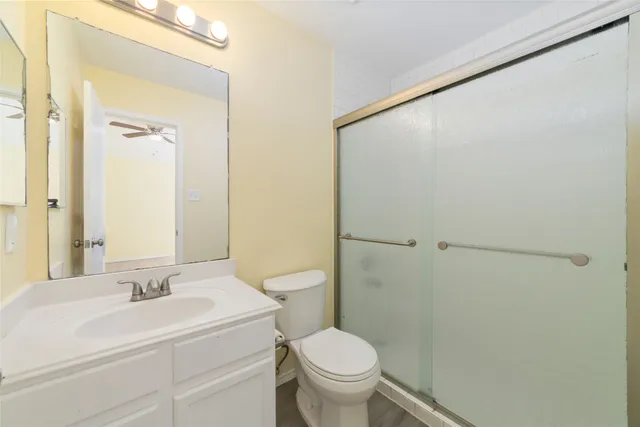 a bathroom with a sink mirror vanity and toilet