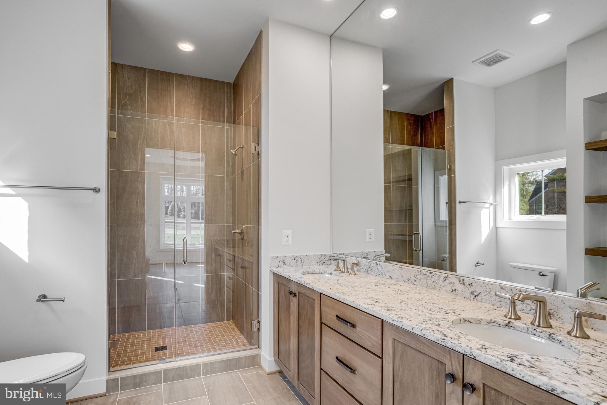 1002 Springvale Road Great Falls, VA 22066 - Photo 68 of 114 a bathroom with a granite countertop sink a toilet a mirror and shower