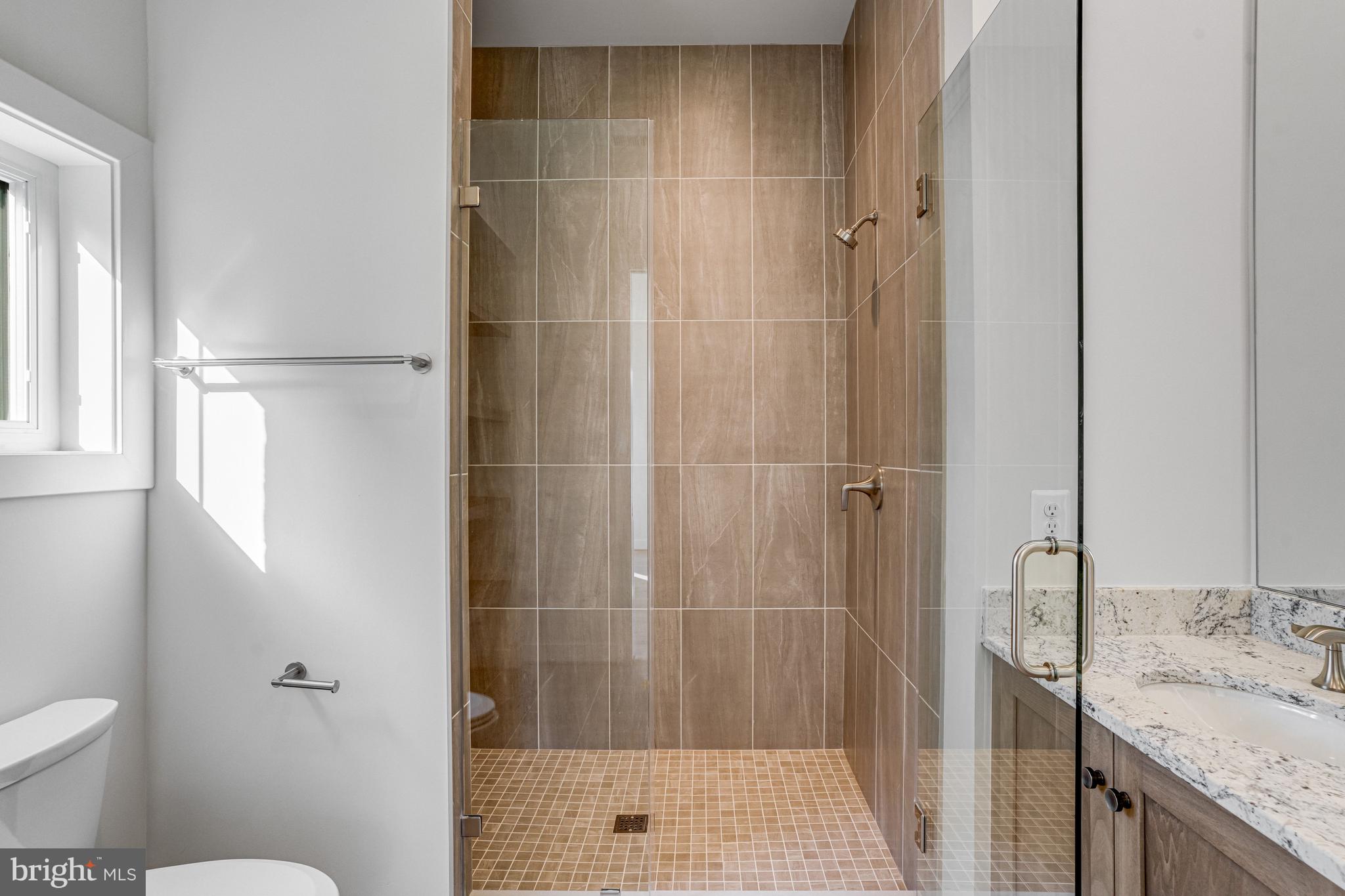 1002 Springvale Road Great Falls, VA 22066 - Photo 70 of 114 a bathroom with a granite countertop sink a toilet and shower