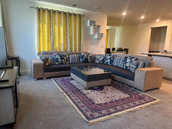a living room with furniture and a rug