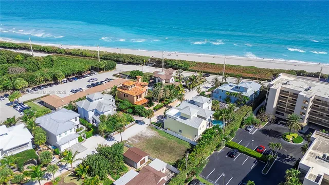 an aerial view of a building with outdoor space