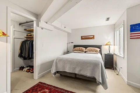 a bedroom with a bed and a walk in closet
