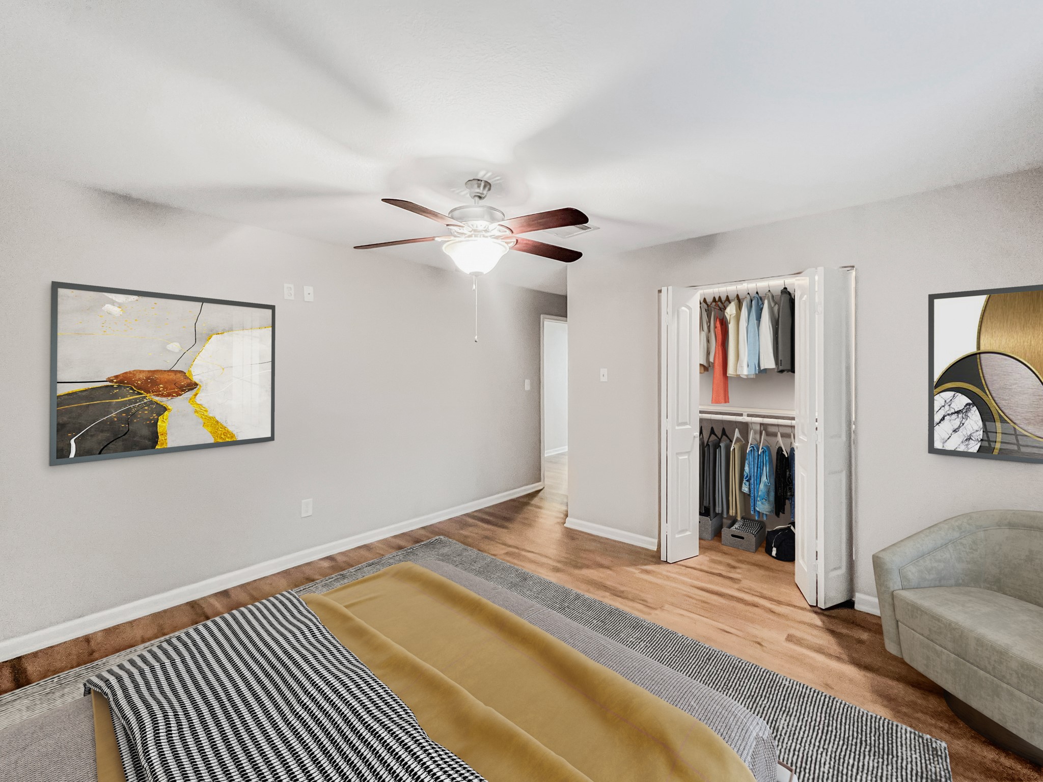 9731 Hadden Road Baytown, TX 77521 - Photo 24 of 47 a bedroom with a bed and a chandelier