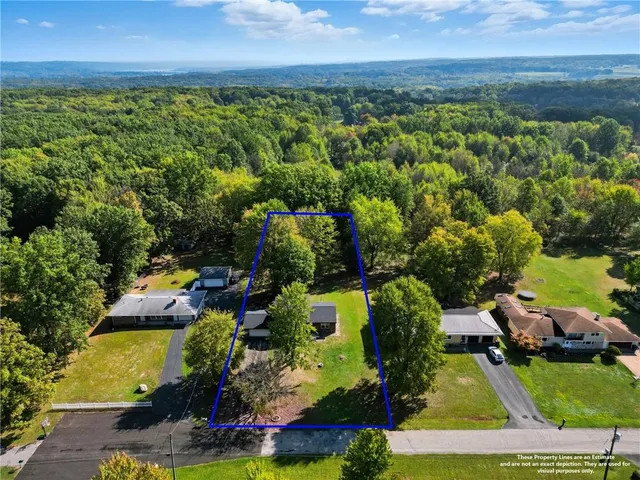 an aerial view of a residential houses covered in trees
