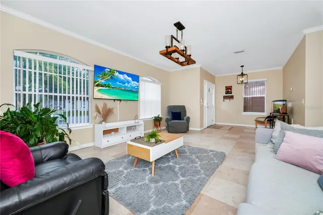 a living room with furniture and a potted plant