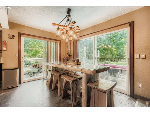 a view of a dining room with furniture window and outside view