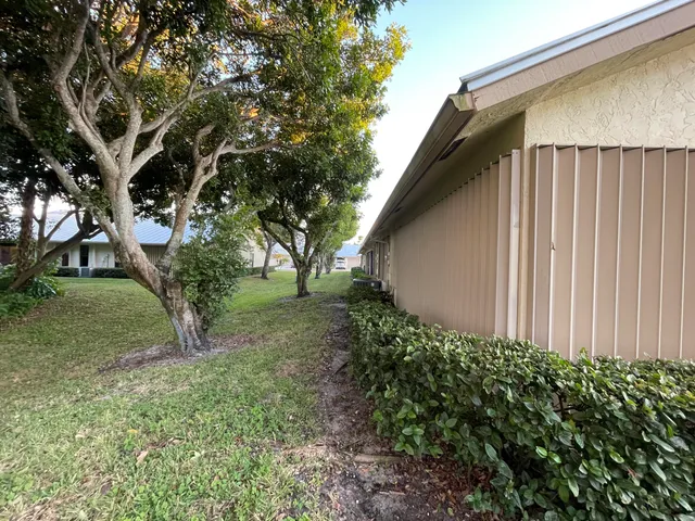 a view of a backyard with large trees
