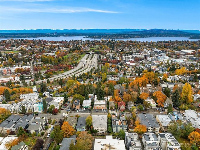 an aerial view of residential building and city