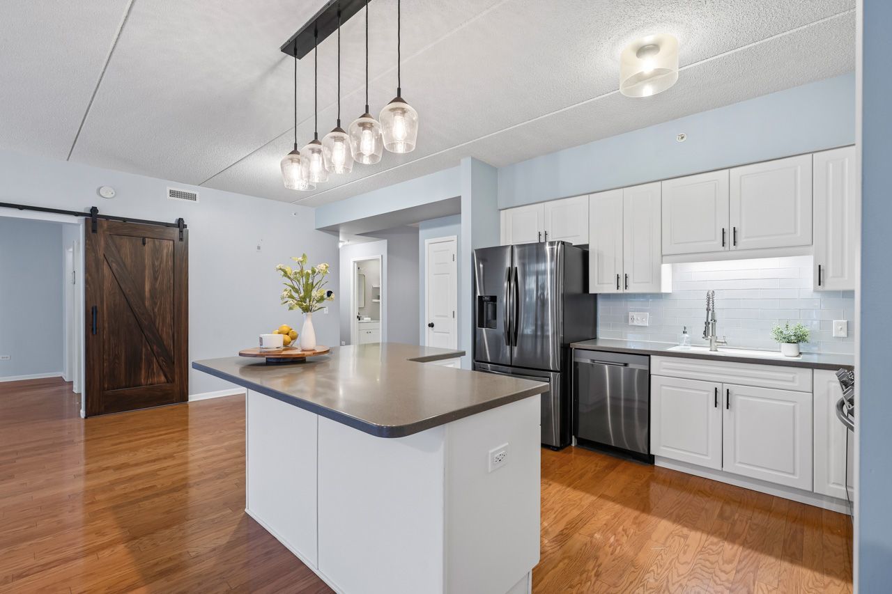 133 West Palatine Road, Unit 108 Palatine, IL 60067 - Photo 14 of 37 a kitchen with stainless steel appliances granite countertop a refrigerator a sink dishwasher a stove and a refrigerator with wooden floor