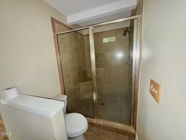 a bathroom with a shower and a toilet