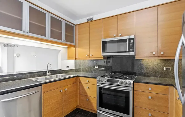 a kitchen with stainless steel appliances granite countertop a stove a sink and a microwave