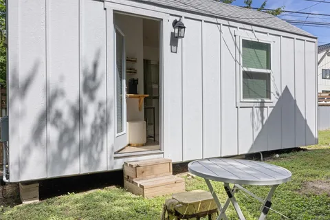 a garden view with a seating space