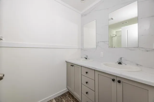 a bathroom with a sink and a mirror