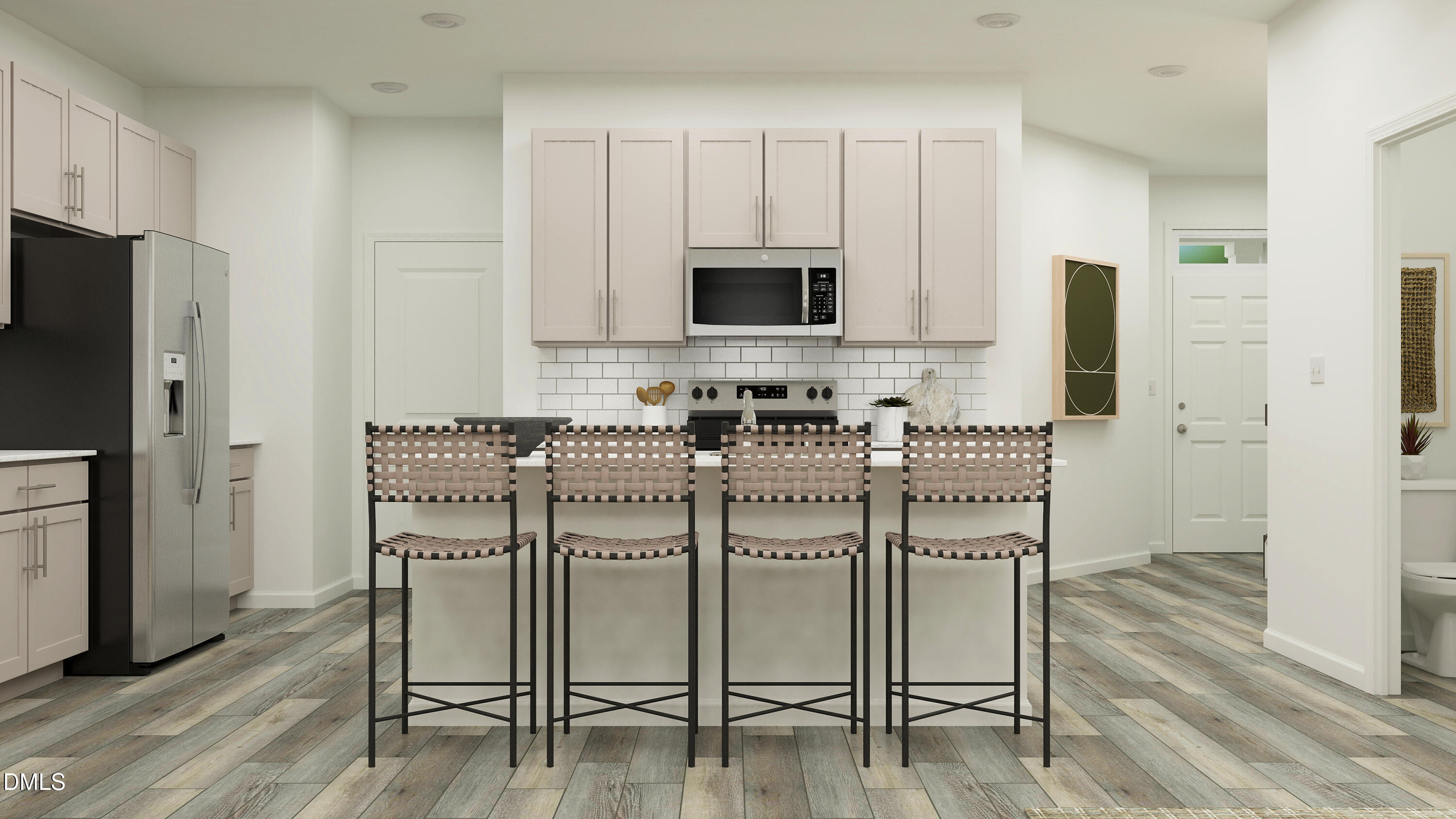 121 Tree Moss Court Rolesville, NC 27571 - Photo 6 of 22 a dining area with furniture a wooden floor and a refrigerator