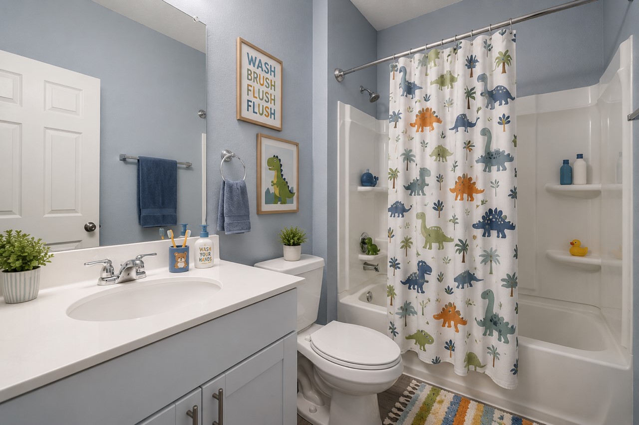 340 Harper Lane Georgetown, TX 78626 - Photo 22 of 28 3rd Bathroom featuring a white vanity with an integrated sink, chrome faucet, and large mirror. Ai generated photo.