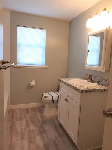 a bathroom with a sink a toilet and a mirror