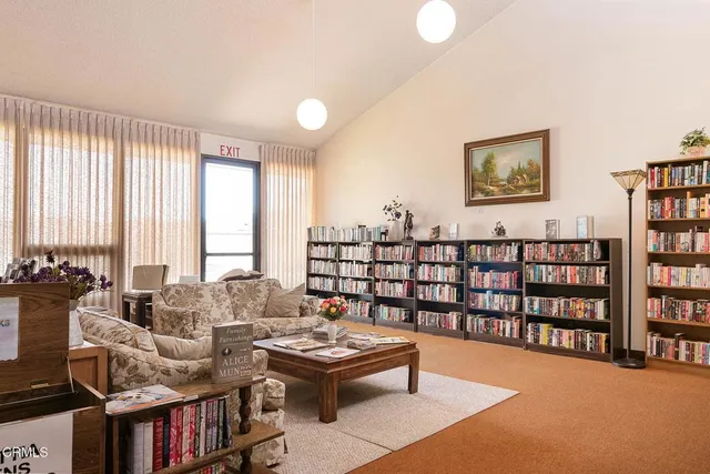 a view of a lake with a garden