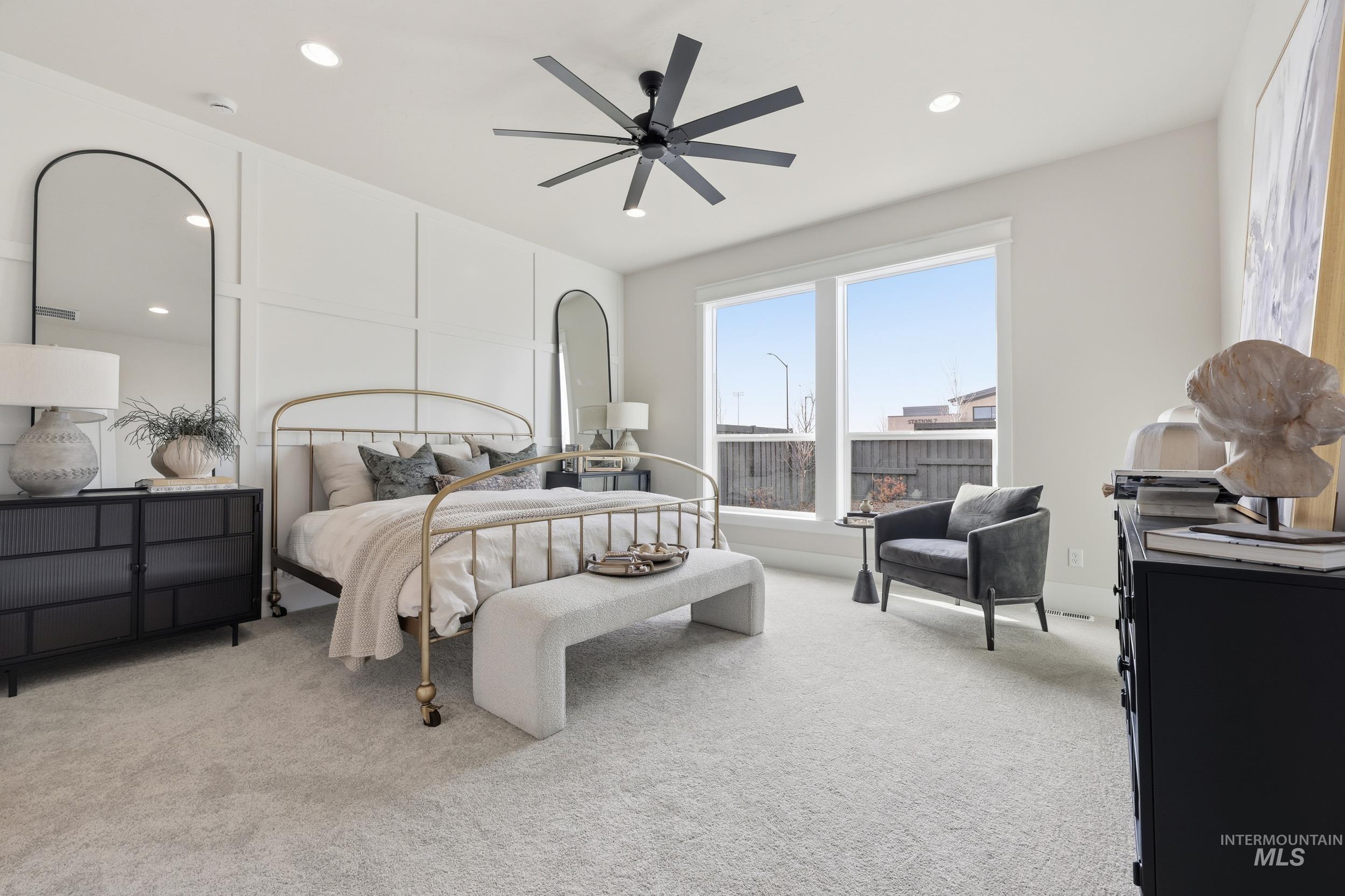 6513 South Utmost Way Meridian, ID 83642 - Photo 17 of 47 Bedroom with light colored carpet, recessed lighting, and ceiling fan