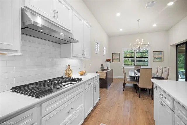 a kitchen with stove cabinets and wooden floor