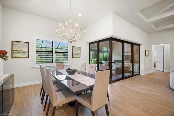 a view of a dining room with furniture wooden floor and chandelier