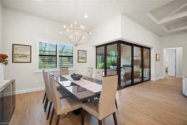 a view of a dining room with furniture wooden floor and chandelier
