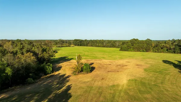 an aerial view of residential houses with outdoor space and trees