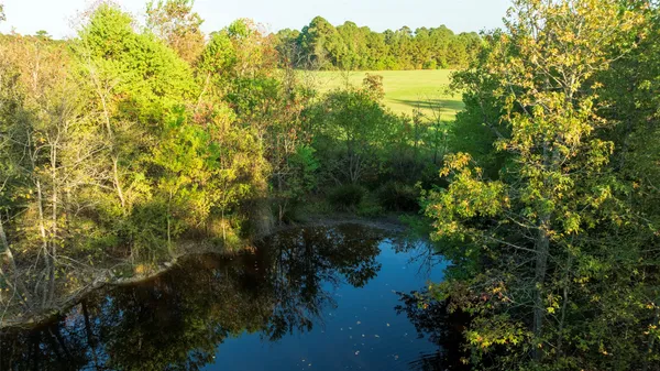 an aerial view of residential houses with outdoor space and trees