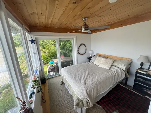 a bed sitting in a bedroom next to a window