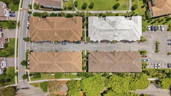 an aerial view of a pool