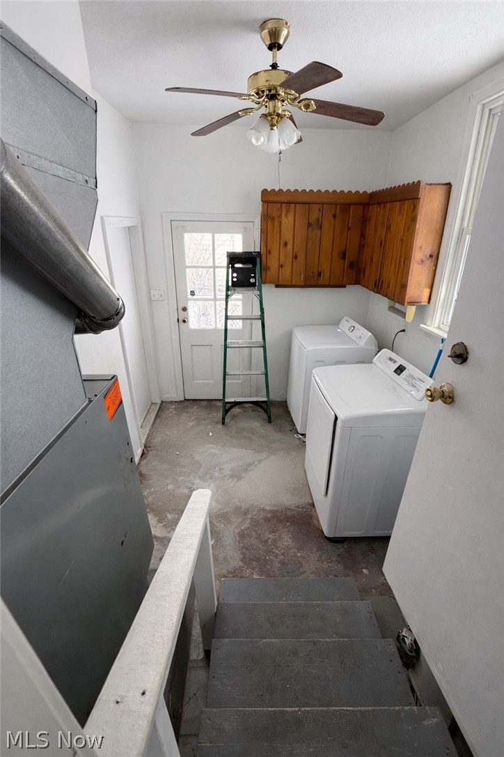 33688 Guilbert Road Eastlake, OH 44095 - Photo 13 of 13 Laundry area featuring unfinished concrete flooring, ceiling fan, independent washer and dryer, and heating unit
