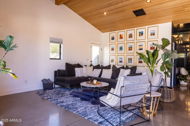 a living room with furniture potted plant and a window
