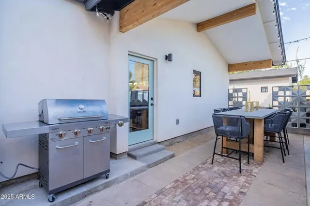 an outdoor space with seating