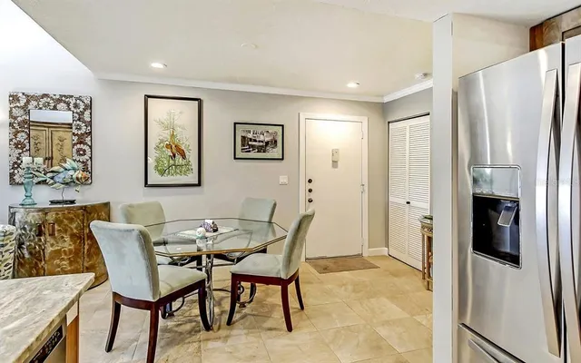 a view of a dining room with furniture