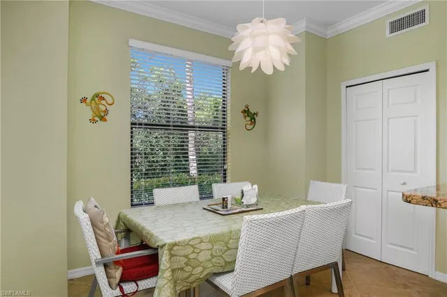 a view of a dining room with furniture window and outside view