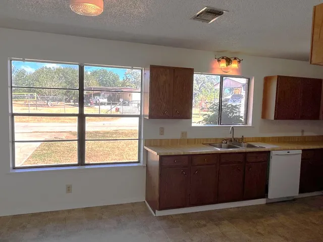 a kitchen with a sink a window and cabinets