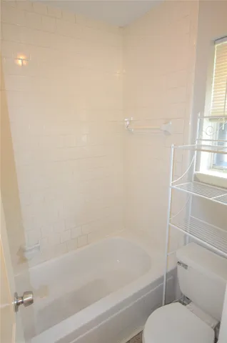 a bathroom with a bathtub and a toilet