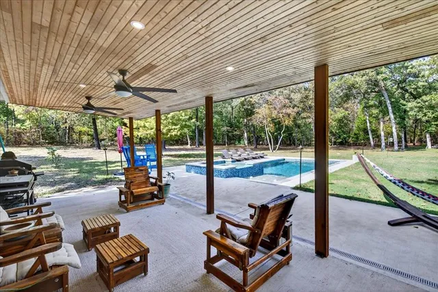 a building outdoor space with seating