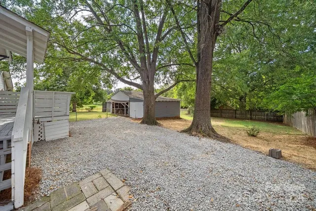 a view of a yard with plants and a trees
