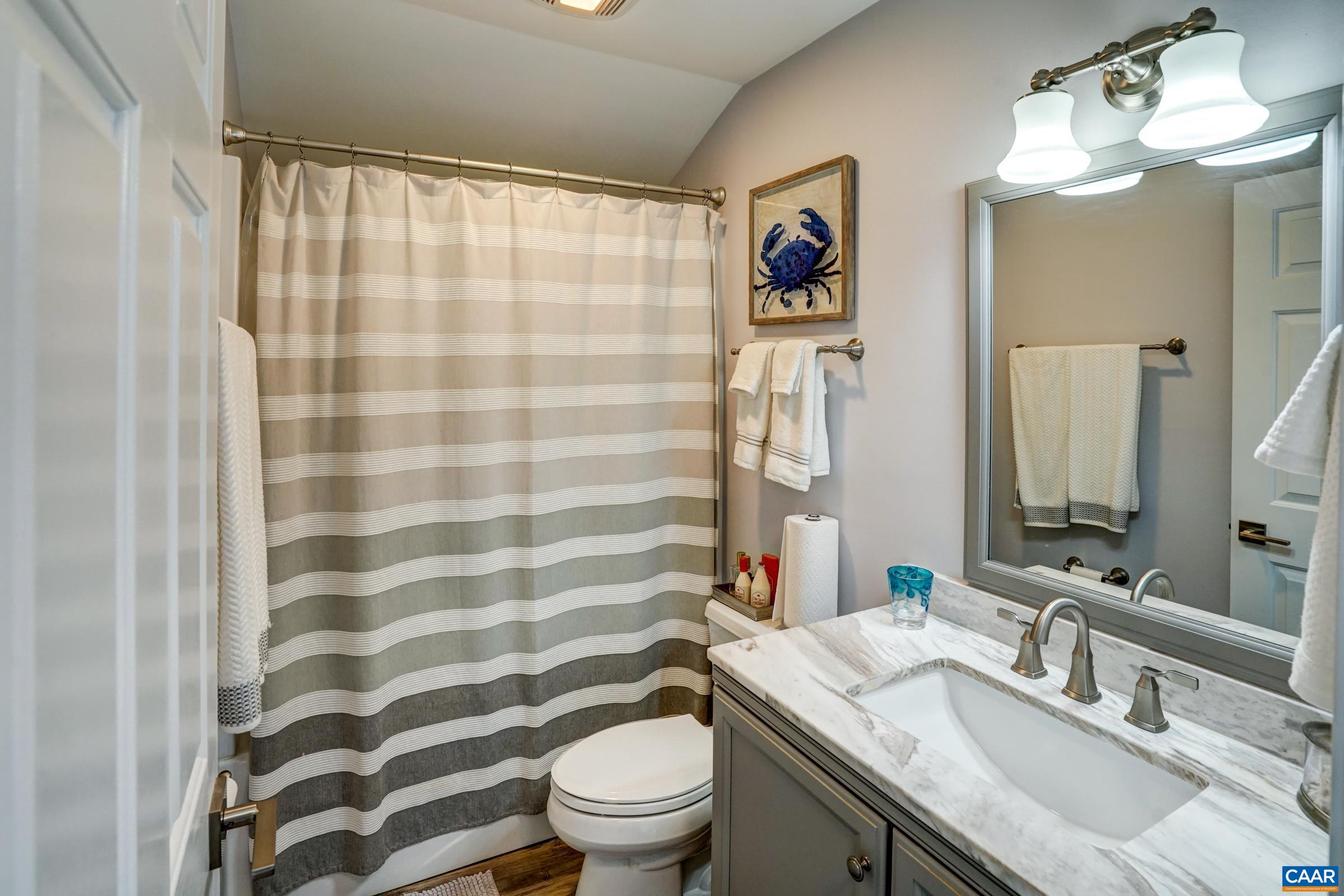 1008 Highlands Drive Charlottesville, VA 22901 - Photo 26 of 41 a bathroom with a granite countertop sink a toilet a mirror and shower curtain