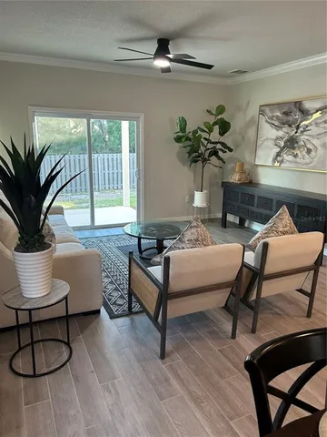 a living room with furniture and a potted plant