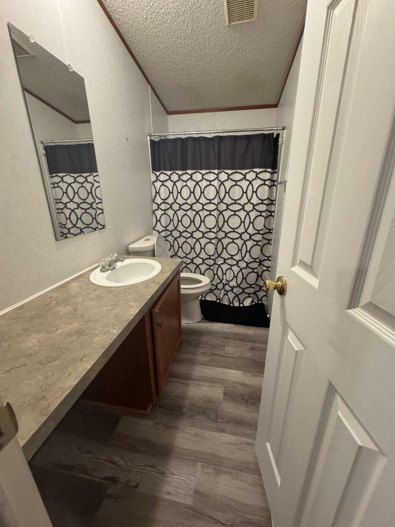 70 Timber Road Point Blank, TX 77364 - Photo 17 of 20 a bathroom with a granite countertop sink toilet and shower