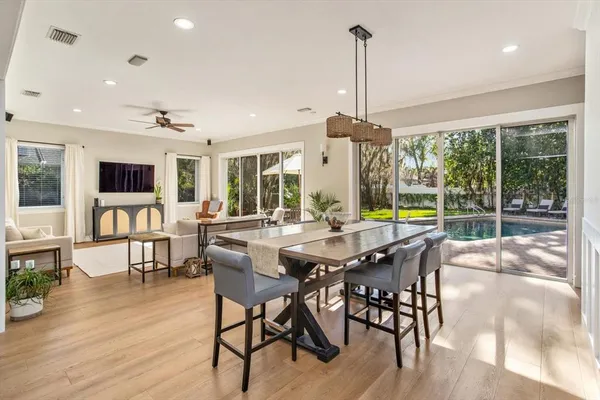 a view of a dining room with furniture window and wooden floor