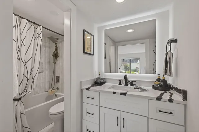 a bathroom with a sink a toilet and shower