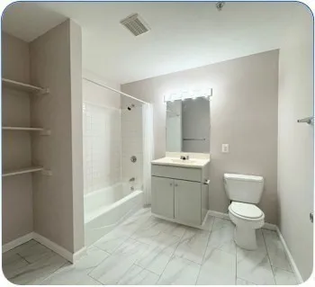 a view of a hallway with wooden shelves