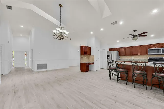 a view of a dining room with furniture