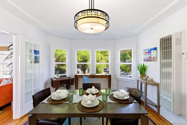 a view of a dining room with furniture window and wooden floor